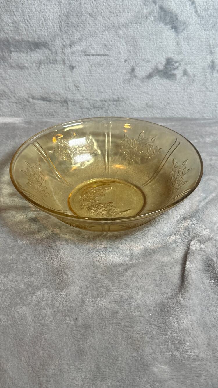 Amber Glass Madrid Pattern Serving Bowl Floral Scroll Design